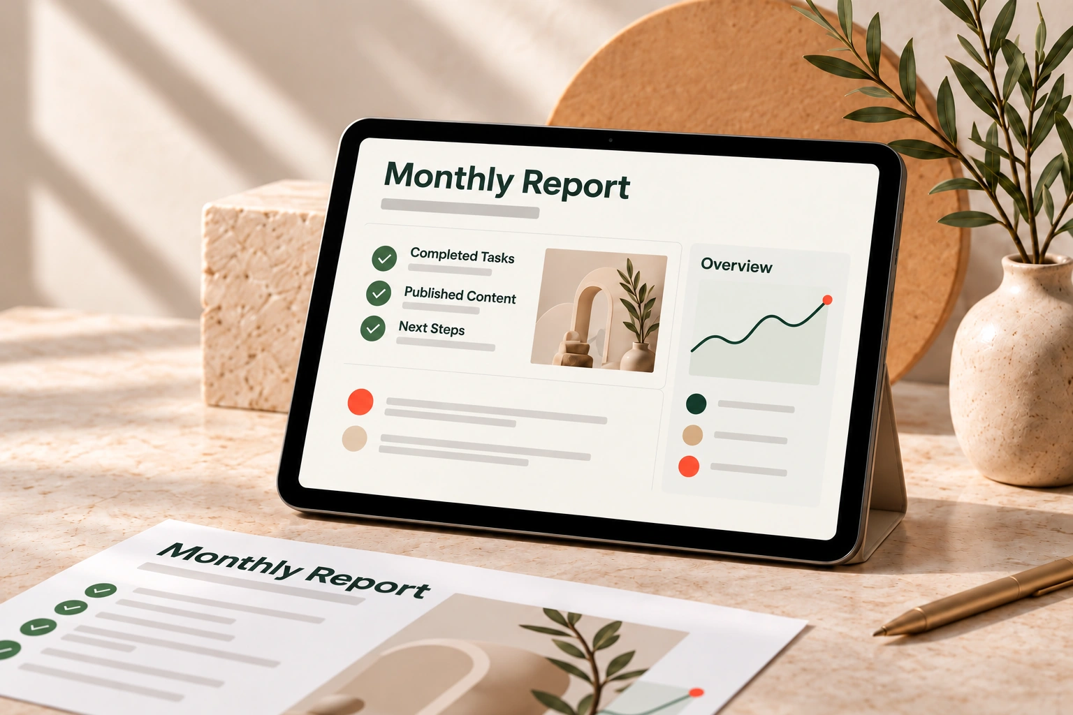 Design example: Completed work and next steps at a glance.